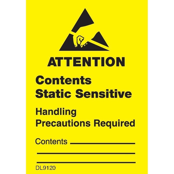 Decker Tape Products Label, DL9120 , ATTENTION CONTENTS STATIC SENSITIVE , 1-3/4" X 2-1/2" DL9120 - main